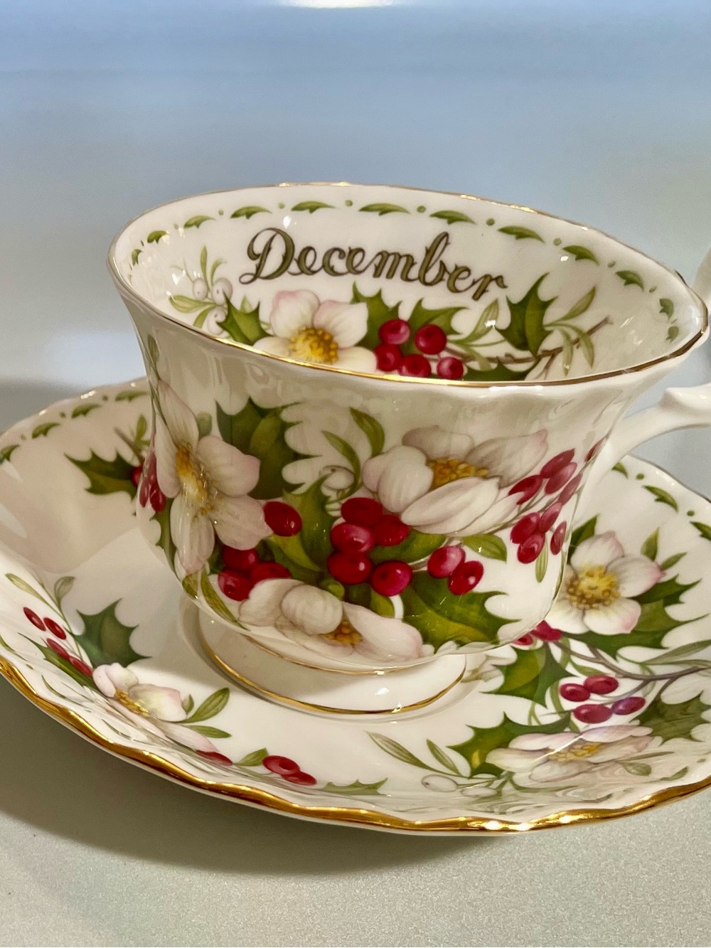 Royal Albert White Teacup and Saucer with Red Berries and Green Holly #2